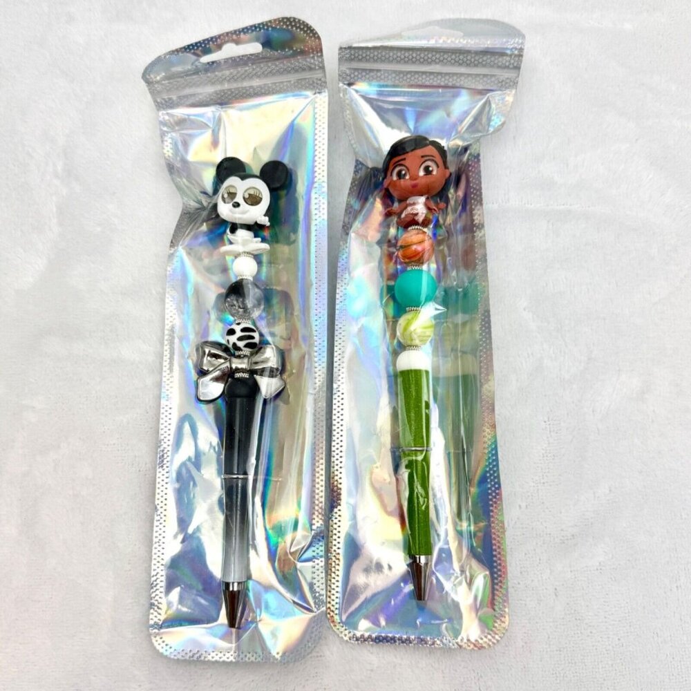 2 (Two) Disney Beaded Writing Pens Moana And Black & White Minnie Mouse